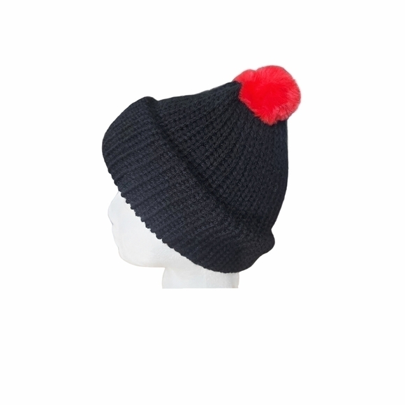 Hand Knit One Of A Childs Size Beanie With Faux Fur Pom Poms - Picture 6 of 6